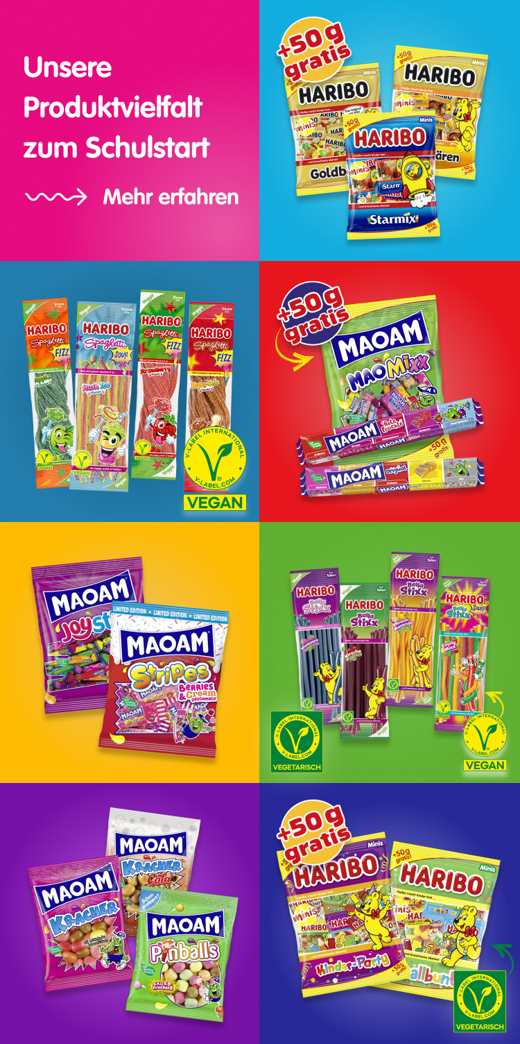 Unsere Produktvielfalt zum Schulstart. Hier mehr erfahren. Um an dem Gewinnspiel teilnehmen zu können, muss der/die Teilnehmer/in zunächst mind. 3 HARIBO und/oder MAOAM Produkte im Zeitraum vom 30.06.2025 bis 12.10.2025 erwerben.